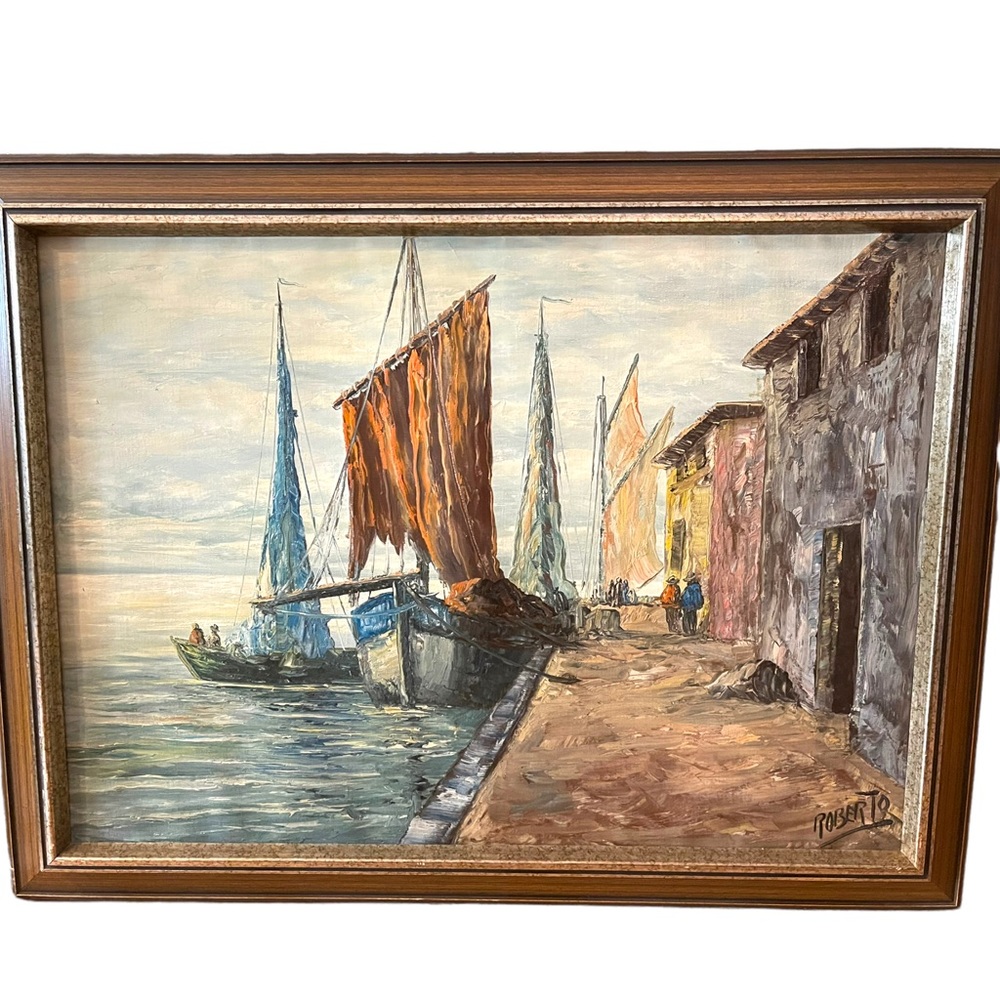 Vintage Nautical Oil Painting on Canvas Signed ROBERTO Sail boats Mid Century - Picture 1 of 12